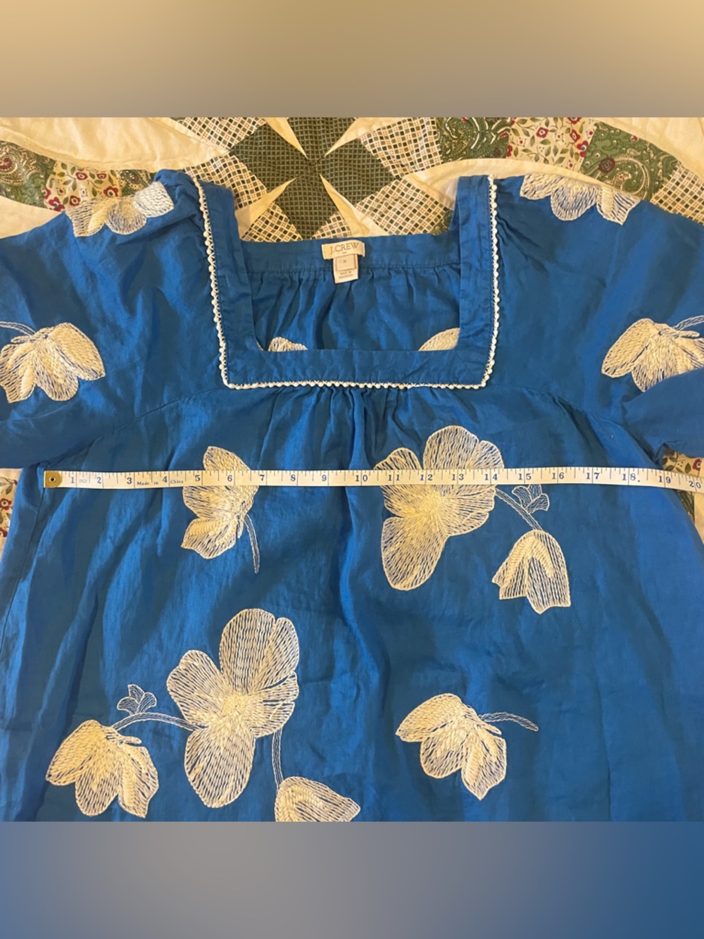 J. Crew Blue Linen Dress with White Floral Embroidery Size Medium - Picture 7 of 8